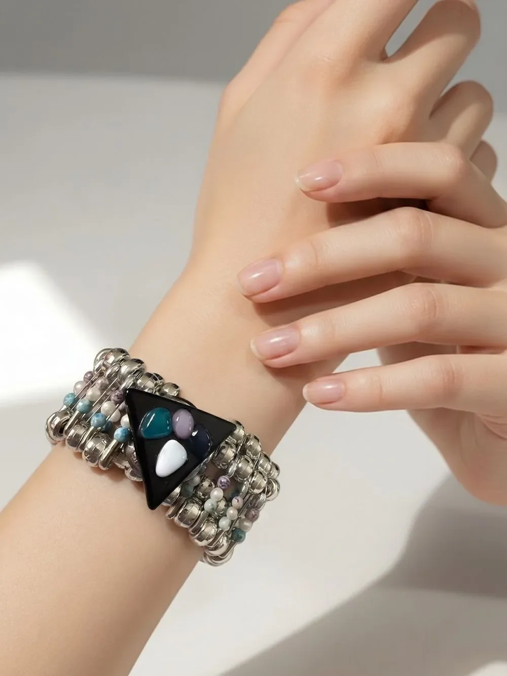 Handcrafted Boho Beaded artisan Cuff Bracelet Triangle Mosaic  center